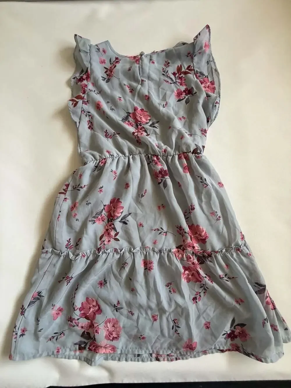 The Children's Place Dress 10/12 L Gray Blue PinkFloral Tiered Ruffle Sleeveless